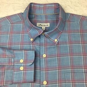 Peter Millar Men's Large Shirt Blue Mauve Check Long Sleeve Lightweight